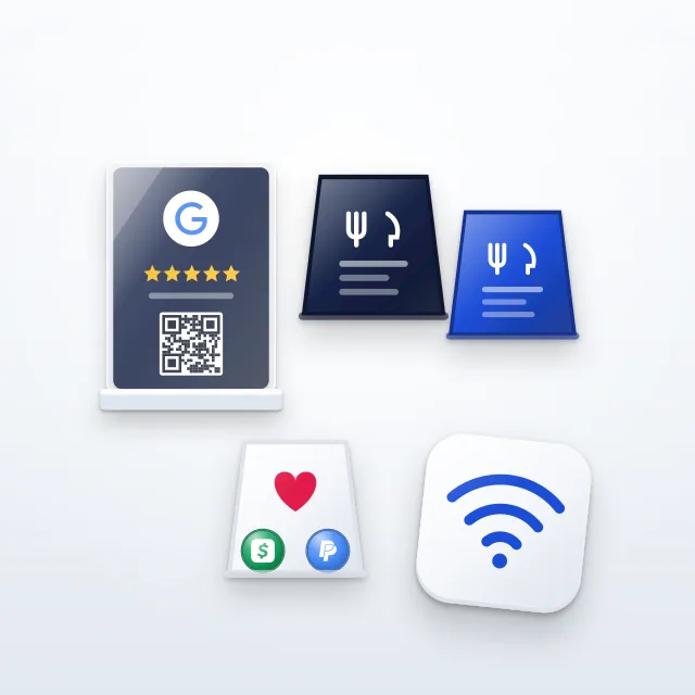 Una base de reseñas, dos tarjetas de menú de mesa, una de propinas y una calcomanía de Wi-Fi